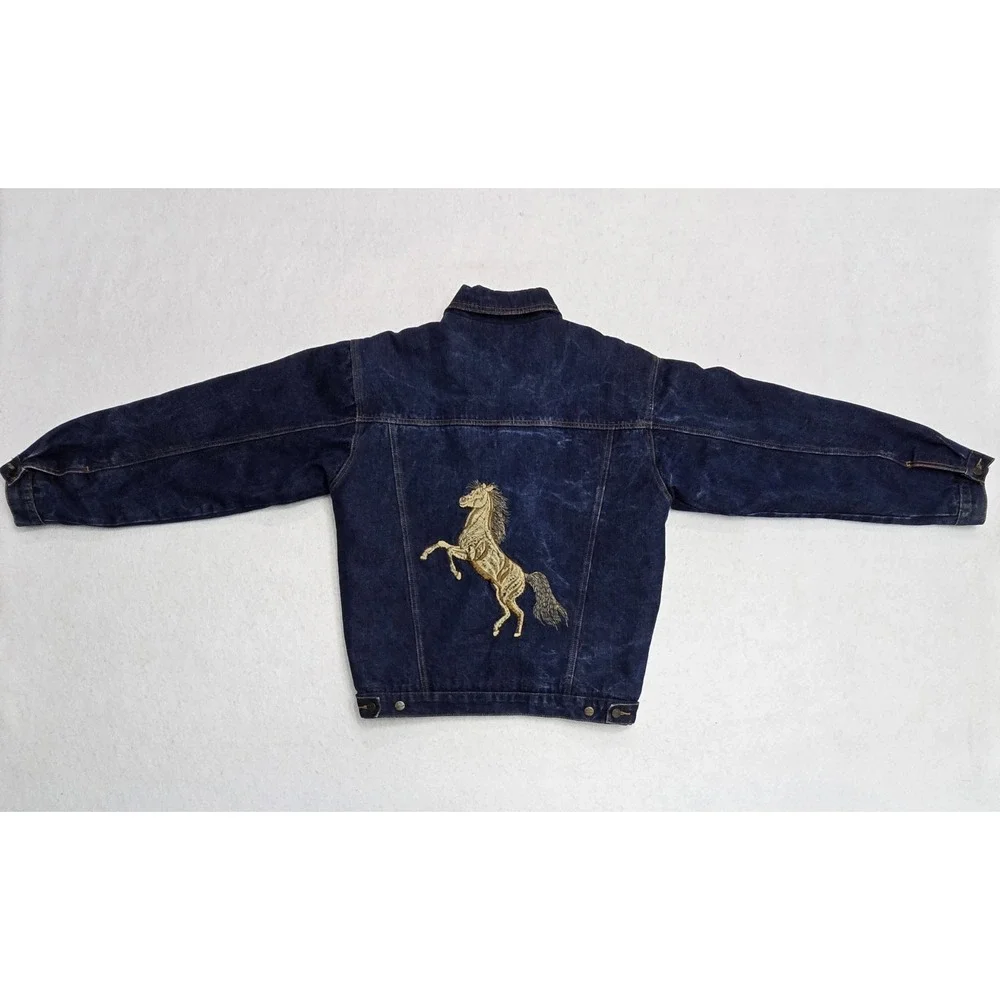 Black Blue Original Style Mens Denim Sherpa Lined Horse Jacket Dark Wash Medium